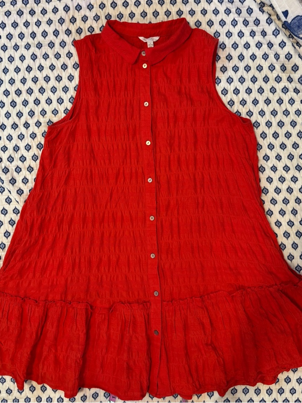 Women’s Time and Tru L 12-14 Red Sleeveless Button-Front Dress bottom ruffle
